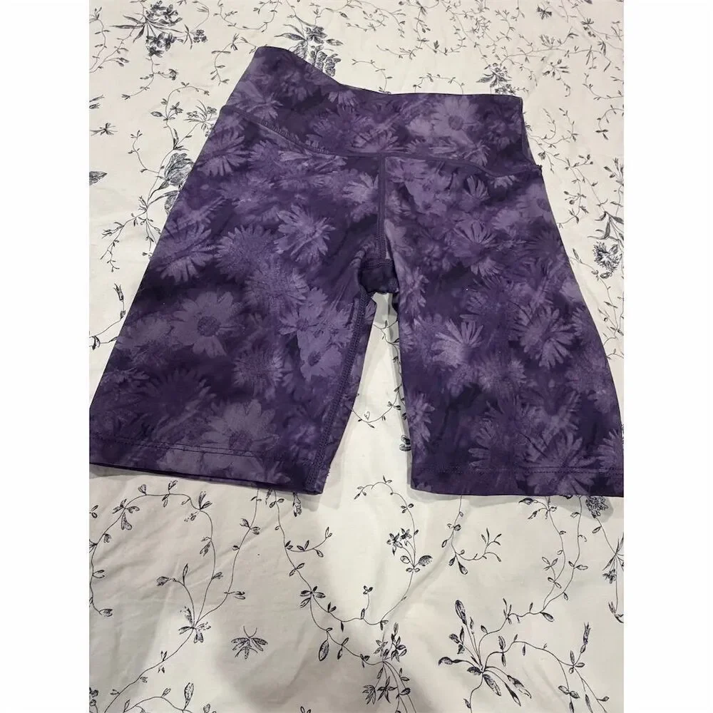 Mondetta Girls Purple Floral Bike Shorts Size 7-8 High Waist Stretch